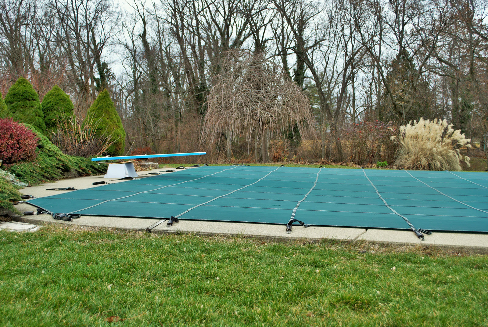 Closed pool with diving board and solid safety cover.